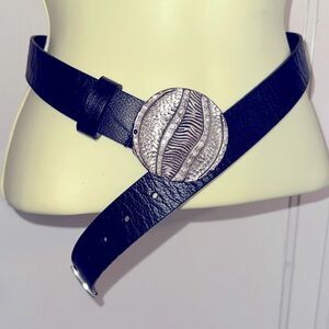 Chico’s black leather‎ belt with hammered silver & rhinestones hook buckle